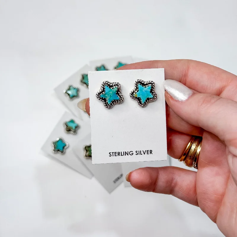 Push back earringsHada Collection | Handmade Sterling Silver Star Shaped Stud Earrings with Kingman Turquoise Stones