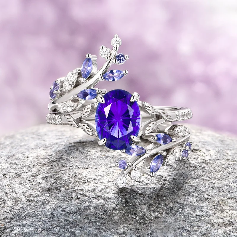 Fantasy Star Cut Cornflower Sapphire Leaf Ring Set- 14K White Gold (Two Piece)