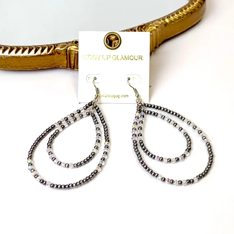 Boho tribal earringsLayered Faux Navajo Pearl Beaded Teardrop Earrings with Clear Glass Spacers in Silver Tone