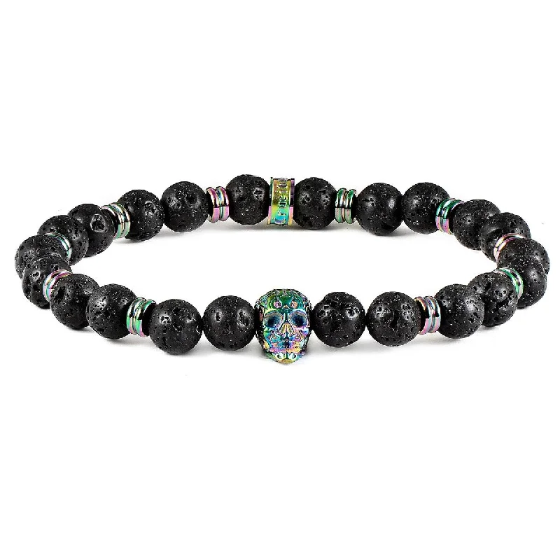 Big statement bracelets  Stainless Steel Skull and Lava Stone Beaded Stretch Bracelet (8mm)