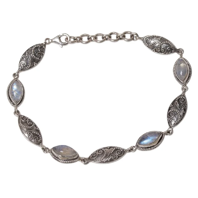 Leaf-shaped bracelets  Handmade Sterling Silver Rainbow Moonstone Link Bracelet, 'Rainbow Putri Nari' (Indonesia)