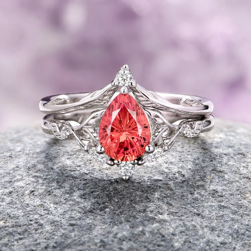 Airee Star Cut Padparadscha Sapphire Ring Set- 14K White Gold