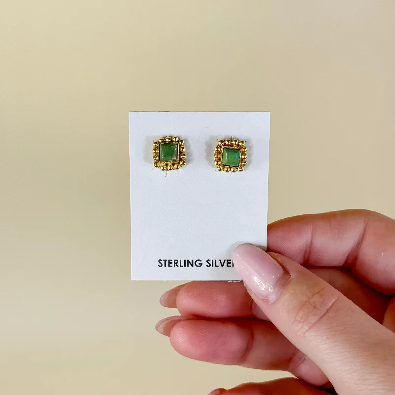 Cubic zirconia earringsHada Collection | Handmade Sterling Silver 14K Gold Square Kingman Turquoise Stud Earrings