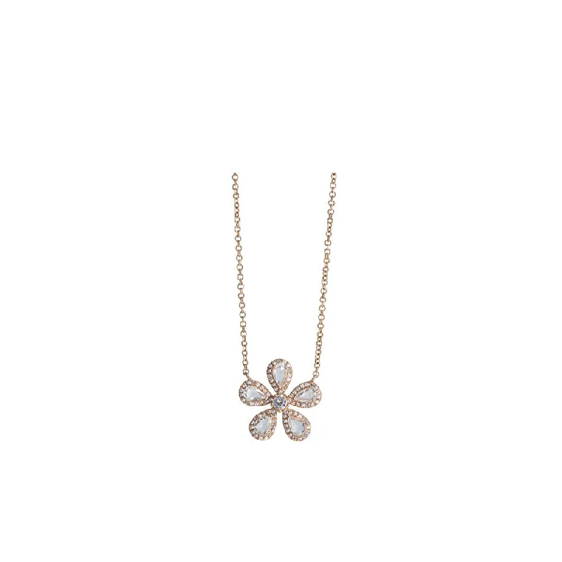 Party statement necklaces  14KT Rose Gold Diamond Pave and Rose Cut Diamond Flower Necklace