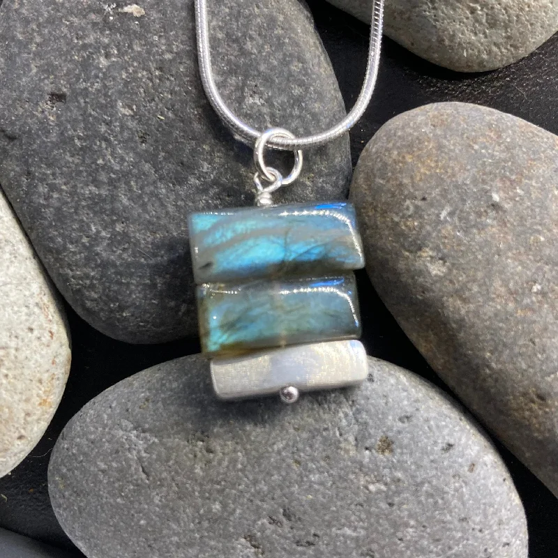 Extra long pendant necklaces  Square Stacked Labradorite and Sterling Silver Necklace