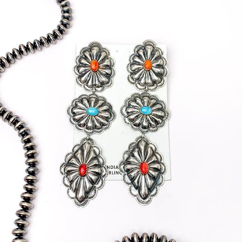 Matching necklace and earring setRL Begay | Navajo Handmade Sterling Silver Concho Drop Earrings with Turquoise Red, and Orange Stones