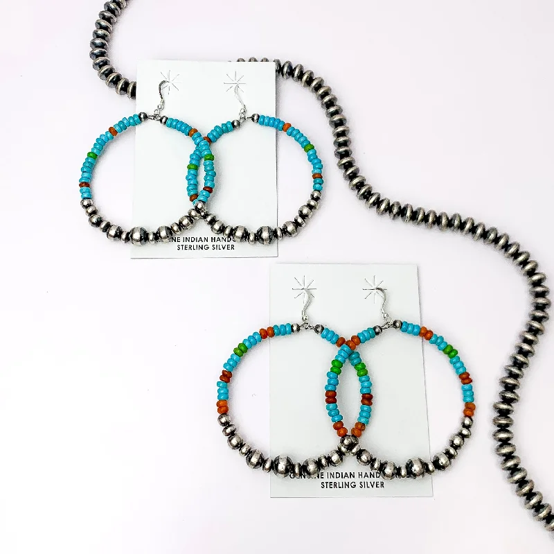 Birthday gift earringsNavajo | Navajo Handmade Sterling Silver Navajo Pearl Hoop Earrings with Turquoise, Brown, and Green Beads