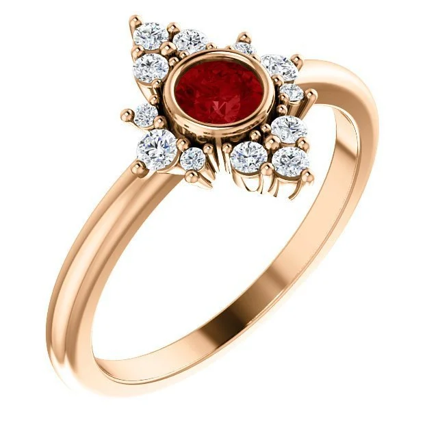 14KT GOLD 0.35 CT RUBY & 1/5 CTW DIAMOND BEZEL HALO RING