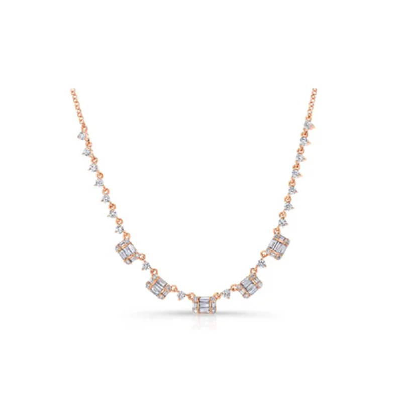 Classic pearl strand necklaces  14K Rose Gold Baguette Diamond Necklace