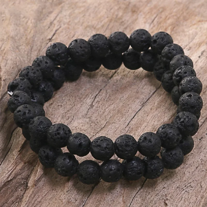 Flower design bracelets  Handmade Set of 2 Lava Stone 'Kintamani Lava' Bracelets (Indonesia)