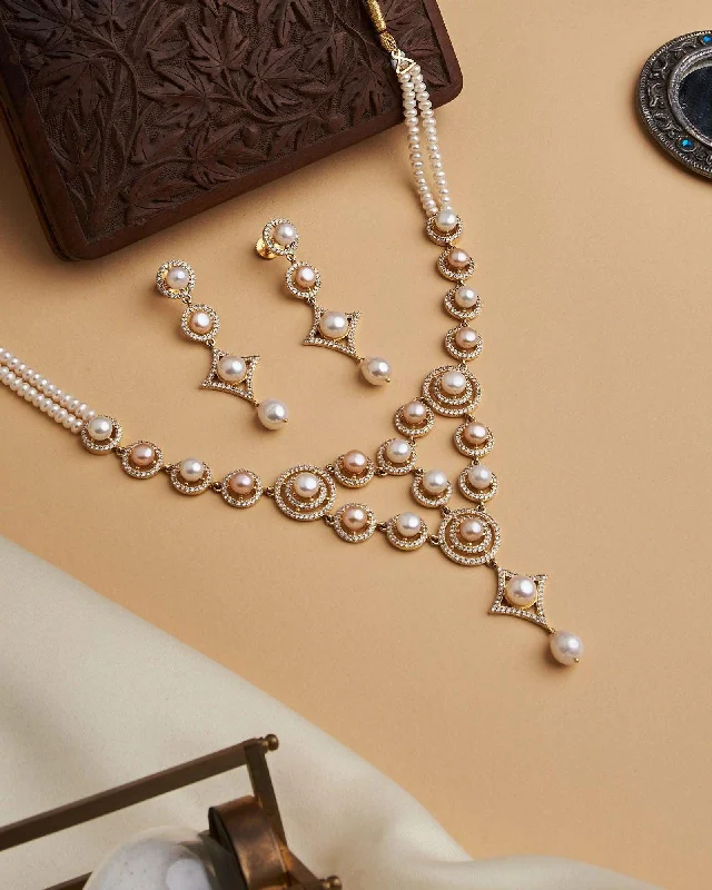 Sterling silver necklaces  Dual Tone Pearl and Stone Necklace Set