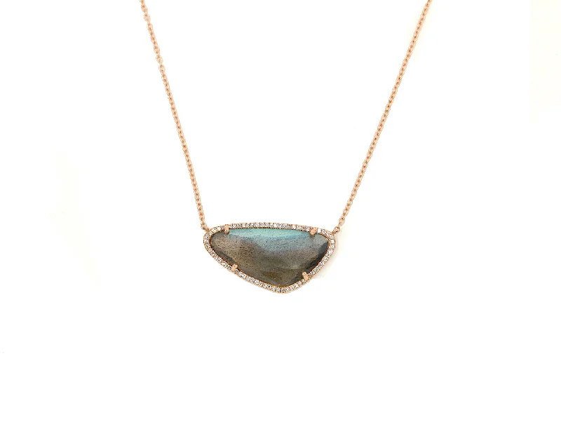 Necklaces for formal events  14k Rose Gold Diamond Pave and labradorite slice necklace