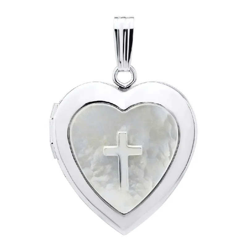 Big statement necklaces  Silver & Mother of Pearl Heart with Cross Locket Necklace 18"