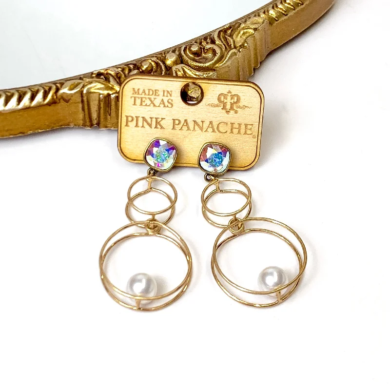 Minimal hoop earringsPink Panache | Double Trouble Circle Drop Earrings with AB Cushion Cut Posts and Pearl Accents