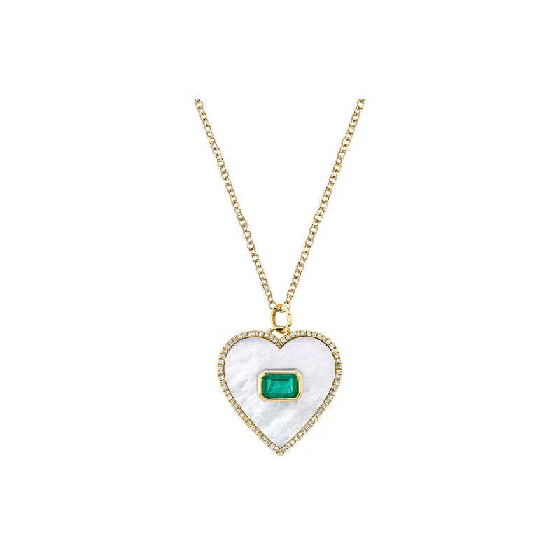 Party statement necklaces  14K Yellow Gold Mother of Pearl Emerald and Diamond Pave Heart Necklace