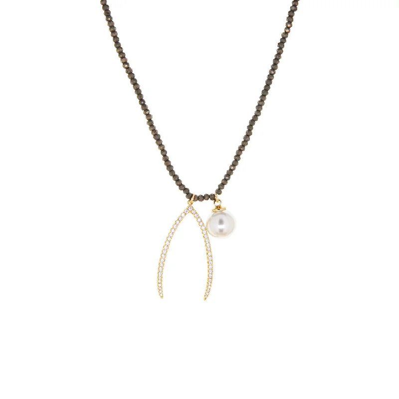 Luxury necklaces over $500  natural stone necklace with wishbone + pearl charms