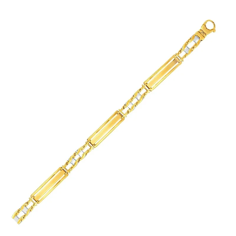 Statement bracelets for women  14k Two-Tone Gold Fancy Bar Style Men's Bracelet with Curved Connectors