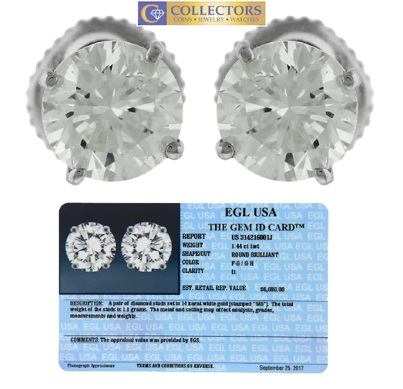 Engraved earrings$6,680 Vintage Estate 14K 585 White Gold 1.44ctw Diamond Stud Earrings EGL USA