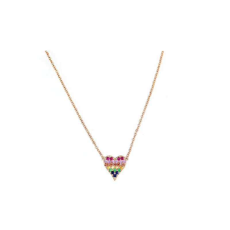 Push lock necklaces  14k Rose Gold Mini Rainbow Sapphire Heart Necklace