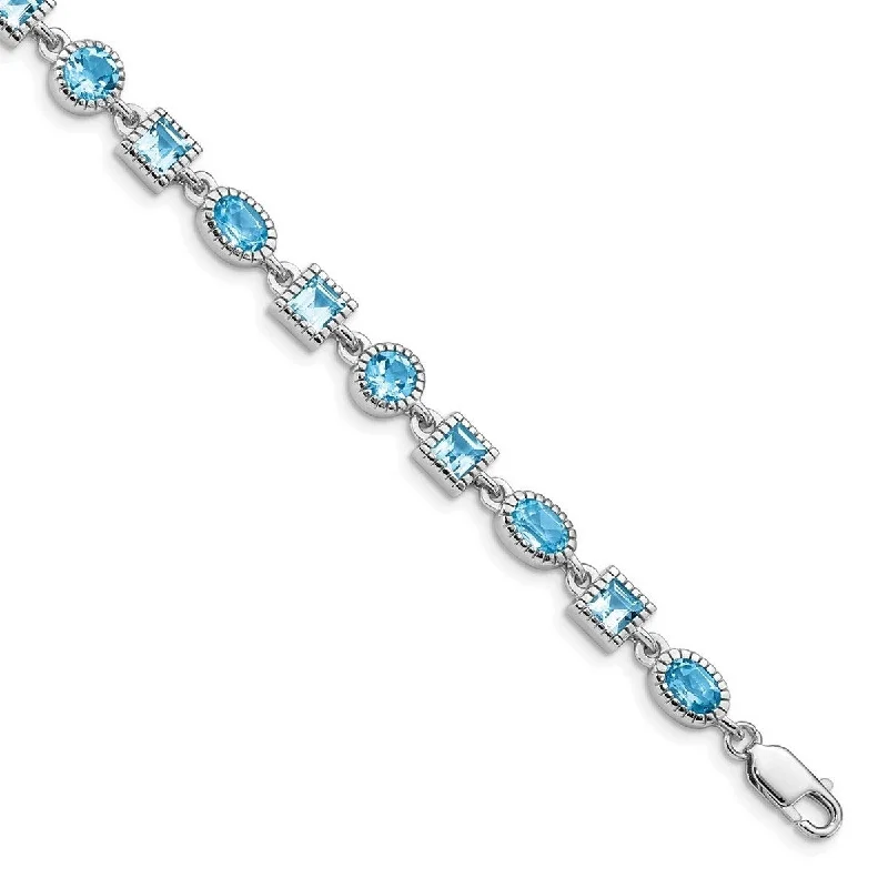 Classic pearl bracelets  Curata 925 Sterling Silver Textured Polished Open back Blue Topaz Bracelet 7 Inch Lobster Claw