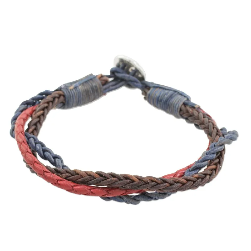 Big statement bracelets  Leather and Fine Silver Braided Wristband Bracelet, 'Walks of Life' (Guatemala) - 7'6" x 9'6"