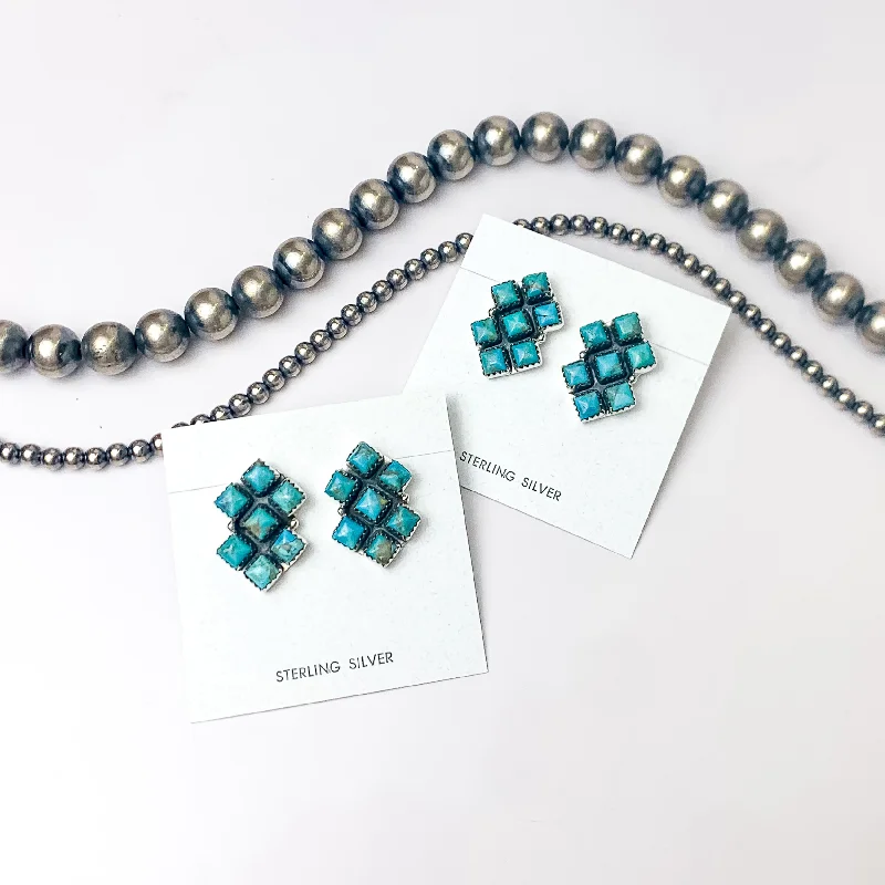 Nickel-free earringsHada Collection | Handmade Sterling Silver Square Cluster Stud Earrings with Kingman Turquoise Remix Stones