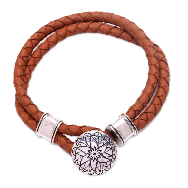 Mixed metal bracelets  NOVICA Lotus, Sterling silver accent leather braided bracelet