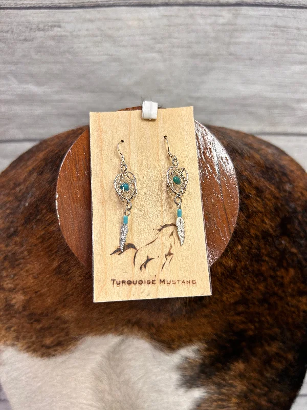 Platinum earringsDream Catcher With Turquoise Nugget & Feather Earrings