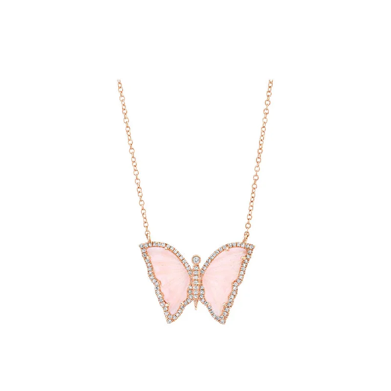 Boho tribal necklaces  14k Rose Gold Diamond Pave and Pink Opal Butterfly Necklace