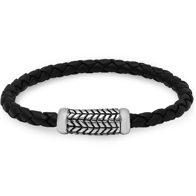 Adjustable bracelets for women  Oxford Ivy Braided Black Leather Bracelet with Magnetic Stainless Steel Clasp -8 3/4 inches