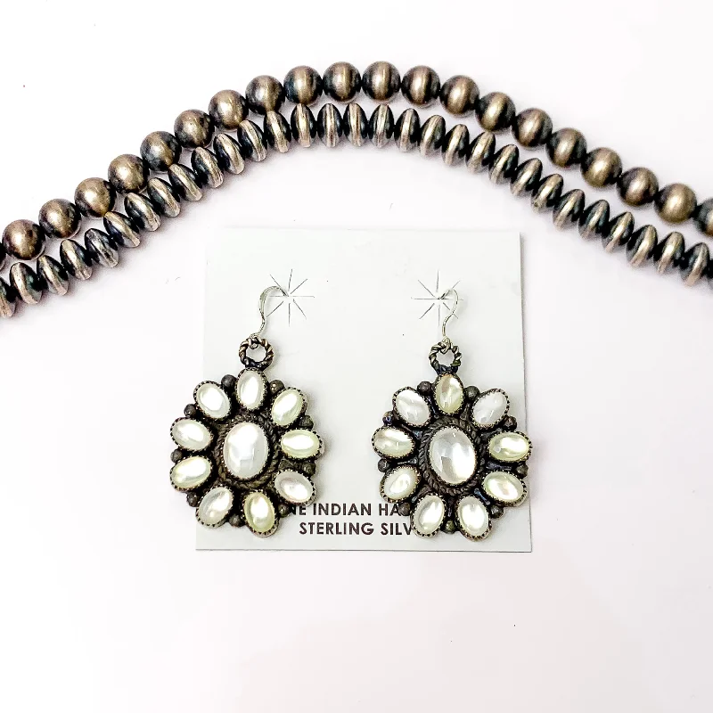 Yellow gold stud earringsDaniel Benally | Navajo Handmade Sterling Silver Flower Dangling Cluster Earrings with White Water Pearl Stones