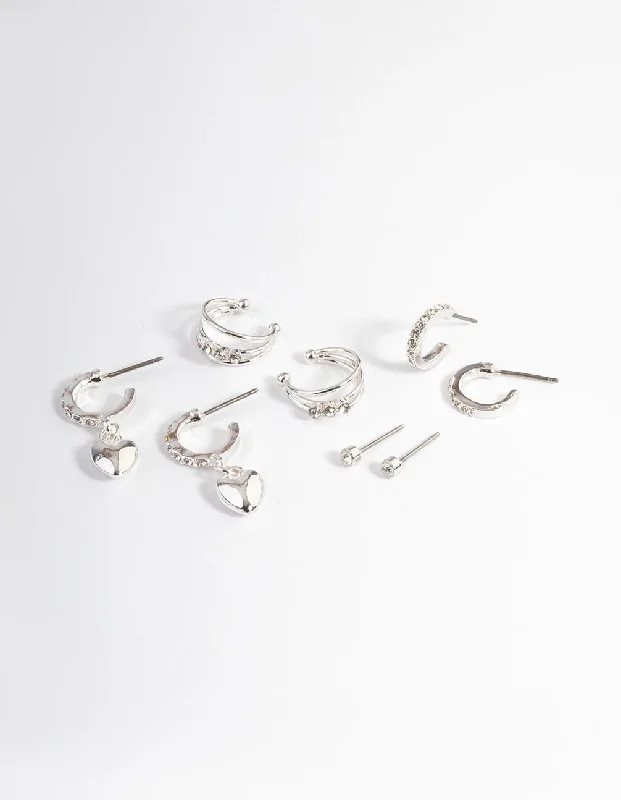 Silver hoop earringsSilver Crystal Puffed Heart Earrings 4-Pack