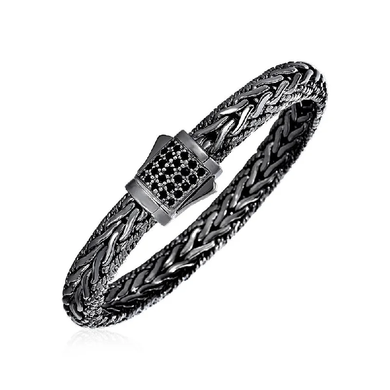 Platinum bracelets for women  Wide Woven Bracelet with Black Sapphires and Black Finish in Sterling Silver