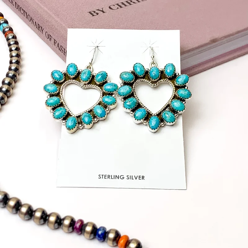 Vintage-inspired earringsHada Collection | Handmade Sterling Silver Open Heart Shaped Kingman Turquoise Drop Earrings