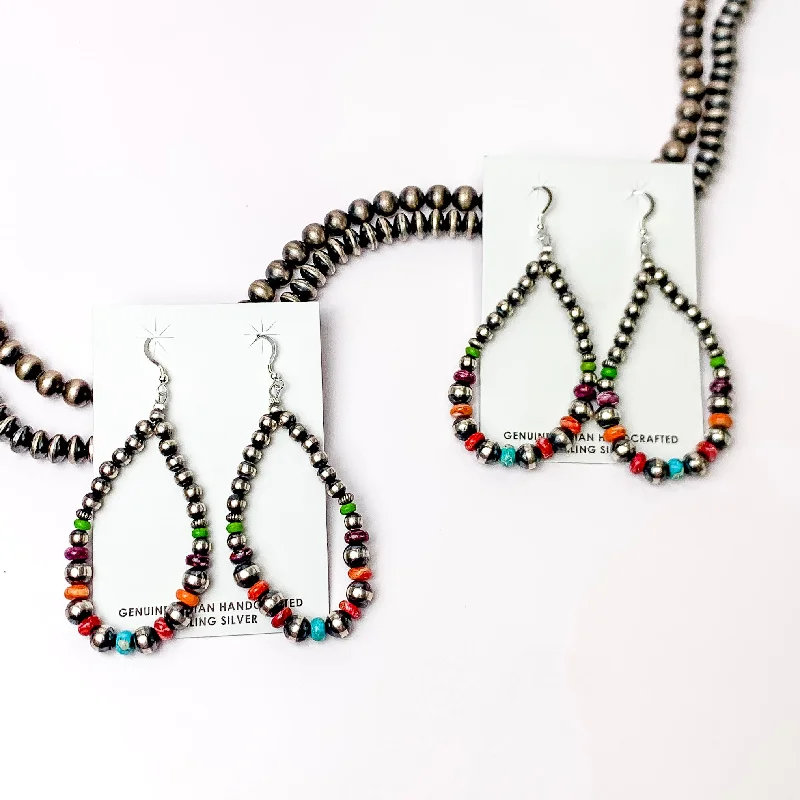 Engraved earringsNavajo | Navajo Handmade Sterling Silver Navajo Pearl Teardrop Earrings with Green, Blue, Purple, and Orange Spacers