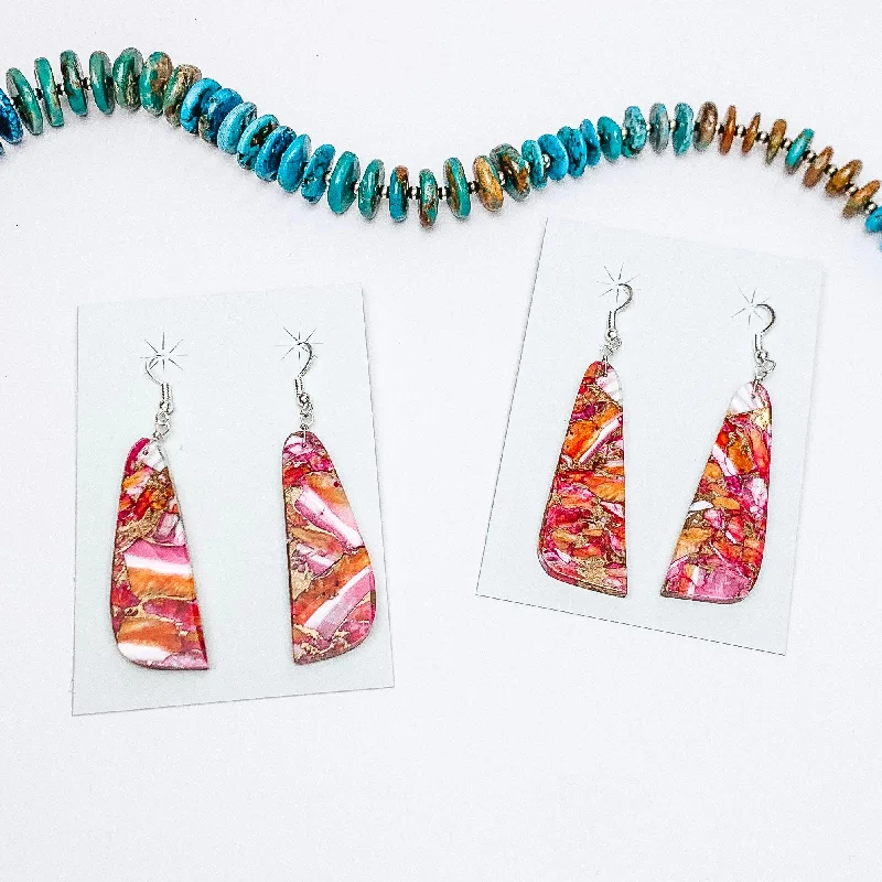 Platinum earringsJamison Pete | Navajo Handmade Turquoise and Pink Dhalia Remix Long Trapezoidal Slab Earrings