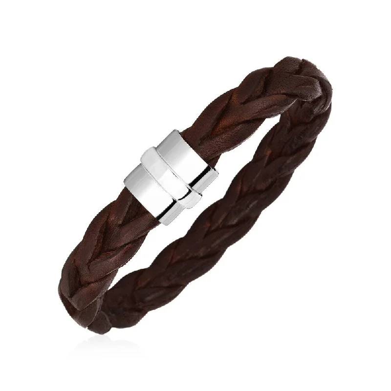 Waterproof bracelets  Wide Braided Brown Leather Bracelet with Sterling Silver Clasp