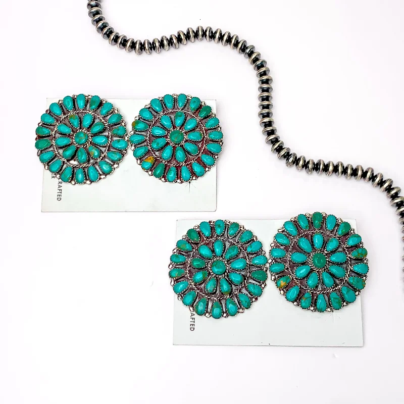 Korean fashion earringsDanny L. Wauneka | Navajo Handmade Sterling Silver Post Earrings with Turquoise Cluster