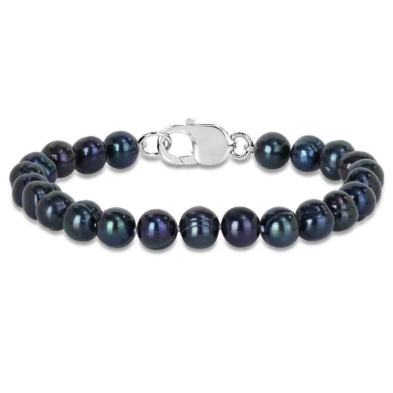 White gold bracelets  Miadora 8-8.5mm Men's Black Cultured Freshwater Pearl Bracelet with Sterling Silver