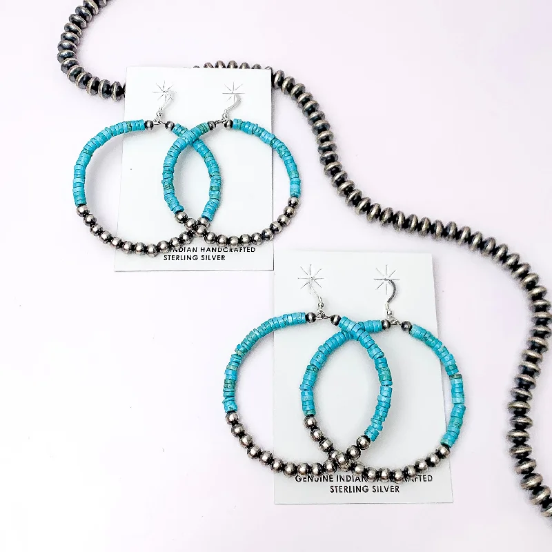 Geometric earringsNavajo | Navajo Handmade Sterling Silver Navajo Pearl Hoop Earrings with Turquoise Stones