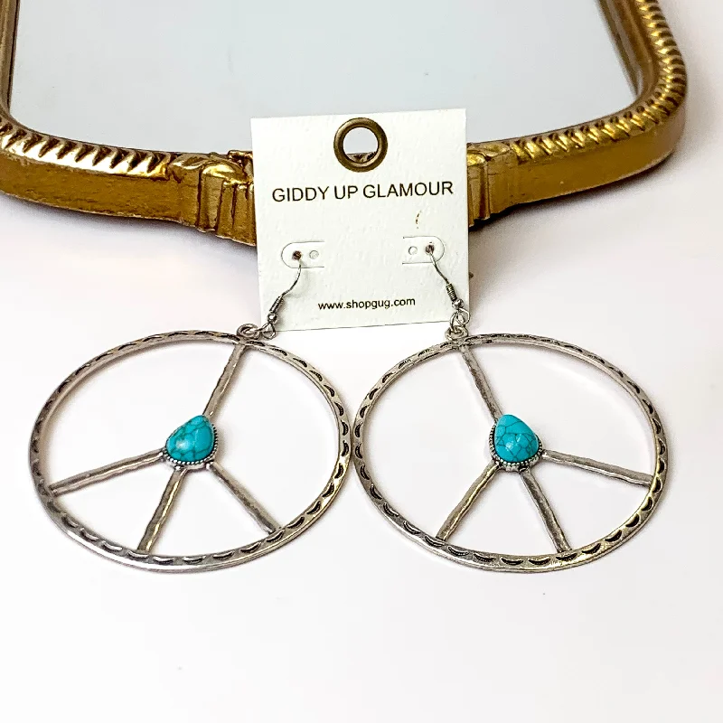 Engraved earringsSilver Tone Etched Peace Sign Drop Earrings with Faux Turquoise Stone Accent