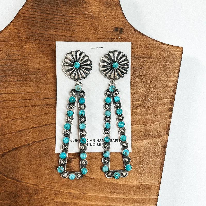 Modern minimalist earringsEugene Charley | Navajo Handmade Sterling Silver Concho Post Earrings with Teardrop Outline Dangle with Turquoise Stones