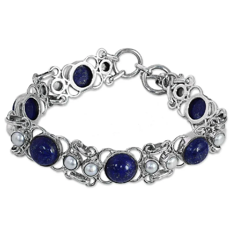 Star-shaped bracelets  NOVICA Cultured Pearl and Lapis Lazuli Link Bracelet, 'Twilight Garden' (India) - 7'6" x 9'6"