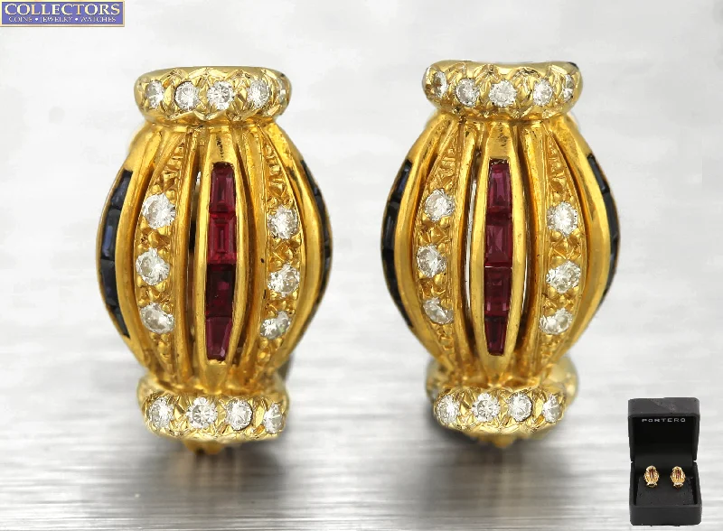 Statement earringsVintage Portero 18K 750 Yellow Gold 0.68ctw Diamond Blue Pink Sapphire Earrings