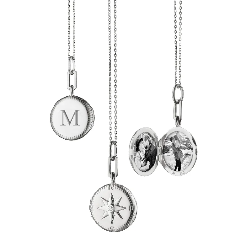 Flower design necklaces  "Adventure" Compass Silver Engraved Locket Necklace