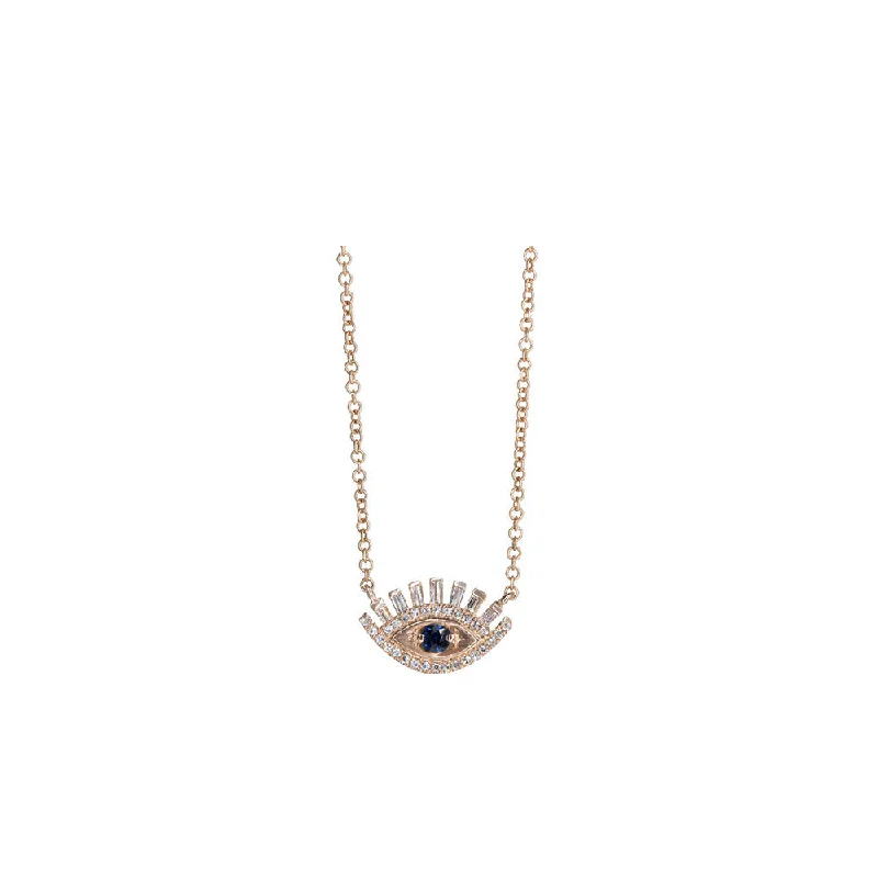 Trendy geometric necklaces  14KT Rose Gold Diamond Pave Baguettes and Sapphire Evil Eye Necklace with Eyelashes