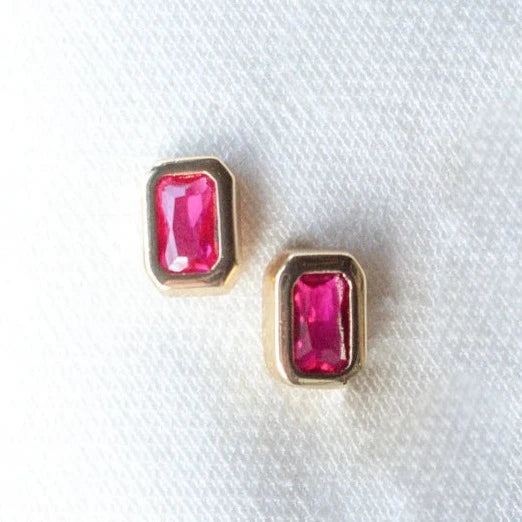 Birthstone earringsKinsey Designs | Brooks Gold Tone Rectangular Stud Earrings with Fuchsia Pink CZ Crystals