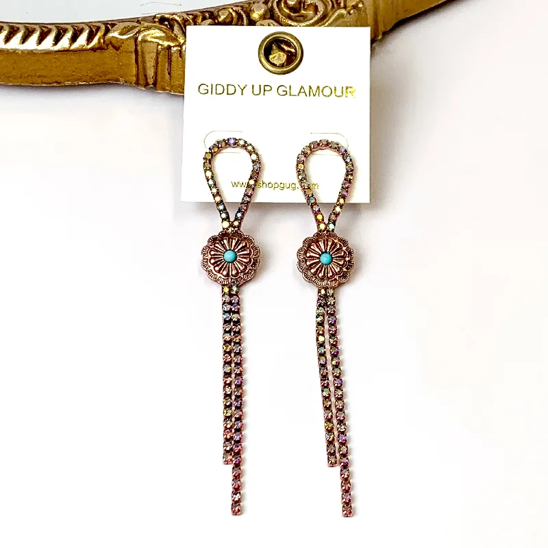 Waterproof earringsAB Crystal Bolo Tie Tassel Earrings with Circle Concho in Copper Tone