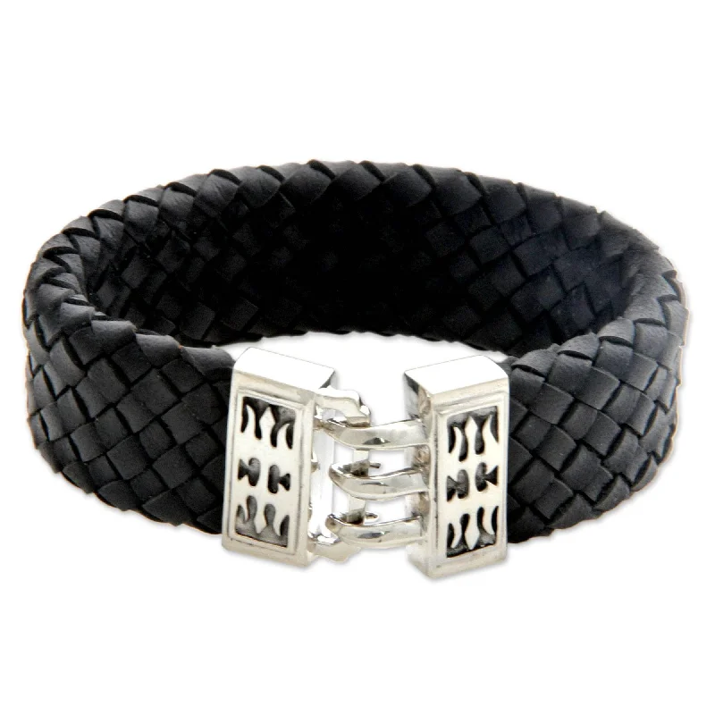 Birthday gift bracelets  Handmade Sterling Silver Men's 'Tribal Warrior' Leather Bracelet (Indonesia)