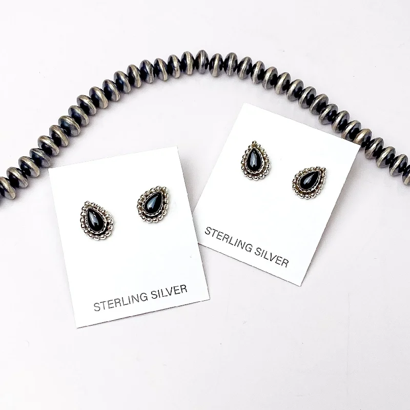 Lightweight earringsHada Collection | Handmade Sterling Silver Teardrop Shaped Stud Earrings with Black Onyx Remix Stones